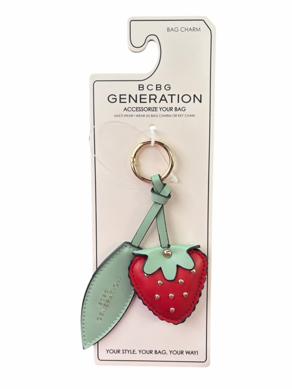 NWT BCBG Generation Red Strawberry Bag Charm with Mint Green Leaf